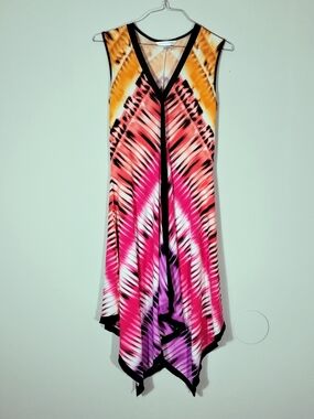 Peter Nygard Sleeveless V-Neck Handkerchief Hem Midi Dress in Pink Orange Purple